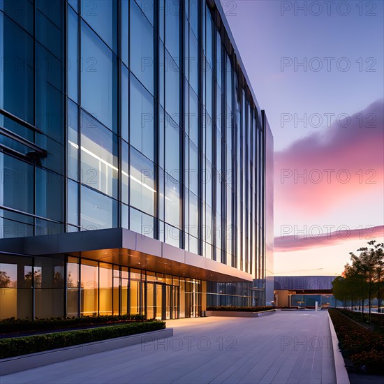 Modern hospitals glass entrance reflecting the morning sunlight, AI generated, modern, architecture