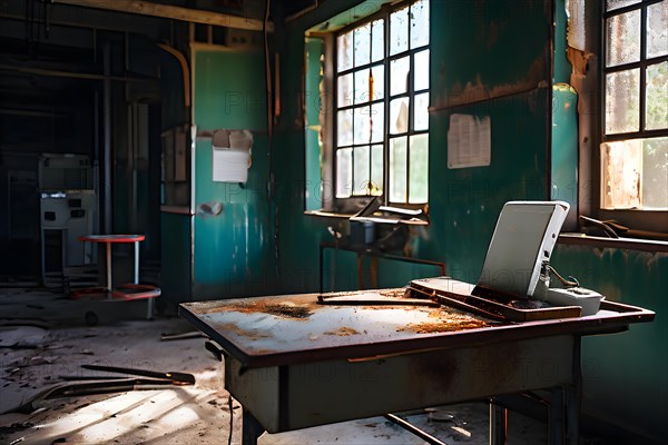 Abandoned hospital inside view of a deserted operating theater with rusting surgical tools, AI generated, hospital, damage, abandoned, ruin, decrepit