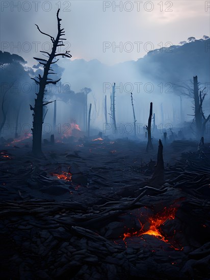 Charred tree skeletons in a smoke filled landscape remnants of a forest fire ignited by lava flow, AI generated