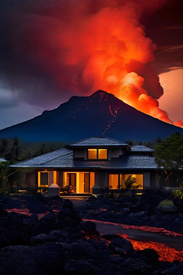 Single home standing resolute as an unstoppable lava flow looms close moments before engulfment, AI generated