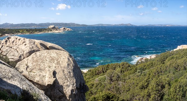 Typical granite rock formations in front of a bay, Baja Sardinia, Costa Smeralda, Sardinia, Italy, Europe