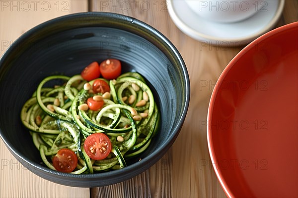 Green zucchini noodles with pesto, cherry tomatoes and pine nuts in a vibrant red bowl, AI generated