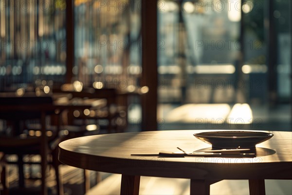 Warmly lit restaurant scene with an empty wooden table set with dishware and chopsticks, AI generated