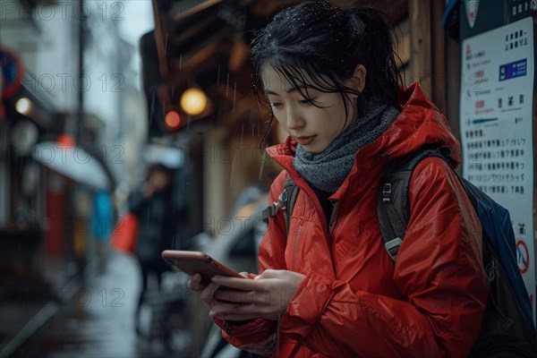 A woman engrossed in her smartphone on a rainy day in an urban street setting, AI generated