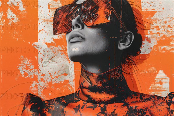 Digital artwork of a woman with abstract red and orange design elements, AI generated