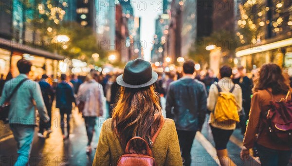 A woman walks among crowds on a city street lined with buildings at dusk, rush hour commuting time, sunset, blurry cityscape, bokeh effect, AI generated