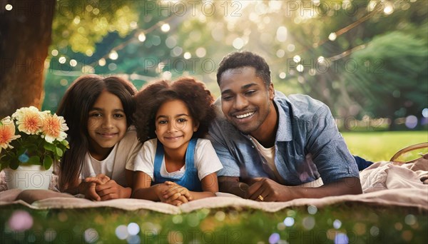 A content family sharing a picnic blanket in an outdoor park setting, AI generated