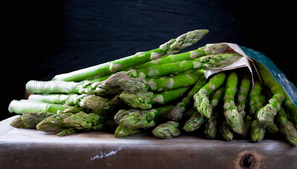 Green asparagus arranged on a rustic wooden board in front of a dark background, AI generated, AI generated