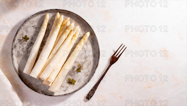 A plate with white asparagus, crossed by a fork on a linen cloth, KI generated, AI generated