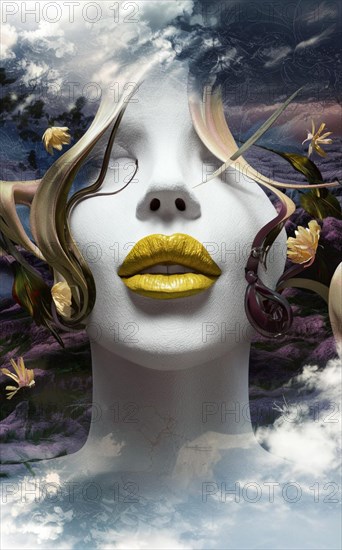 Serene surreal female portrait with cloud and floral elements and bright yellow lipstick, Vertical digital portrait illustration, AI generated