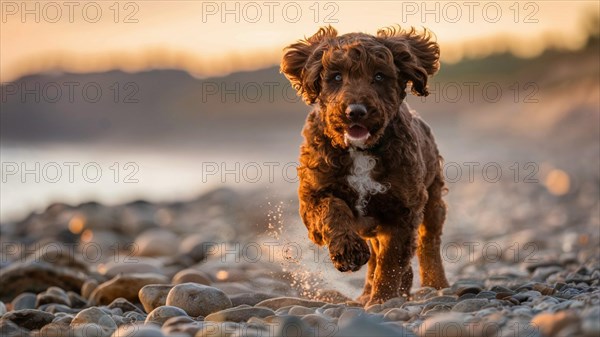A young lagotto dog runs on a pebble beach during sunrise, displaying vitality and joy, AI generated