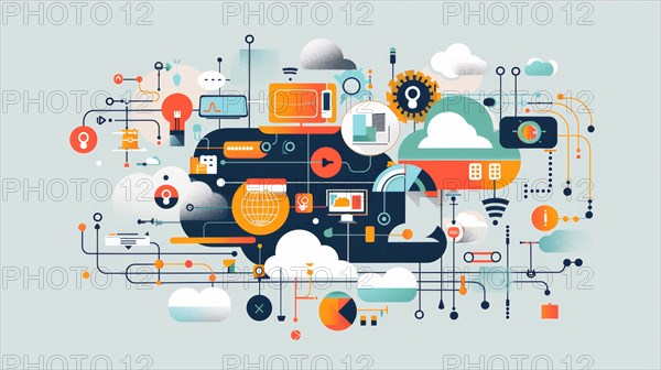 Colorful flat design of cloud computing and technology integration with various icons, ai generated, AI generated
