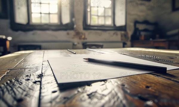 Graphite pencils and white paper scattered on a wooden table AI generated