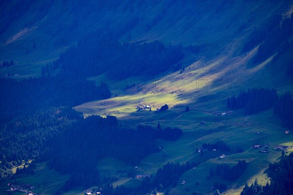 Panorama from Hoher Ifen, 2230m, into Kleinwalsertal, Allgaeu, Vorarlberg, Austria, Europe