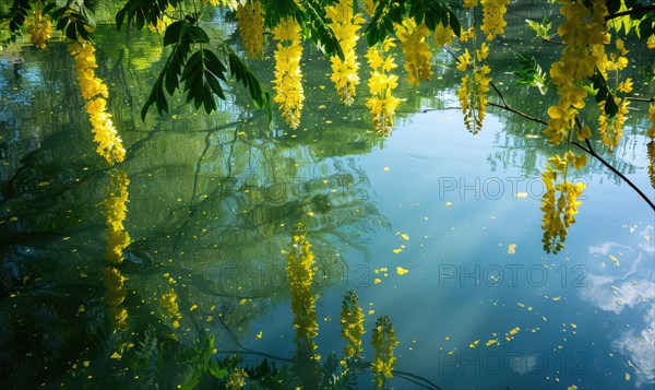 Laburnum flowers reflected in a tranquil pond AI generated