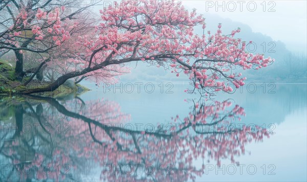 Springtime cherry blossoms in full bloom, cherry blossoms reflected on the calm surface of the lake AI generated