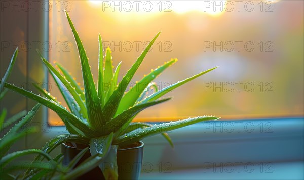 A close-up of a vibrant green aloe vera plant basking in the sunlight on a windowsill AI generated