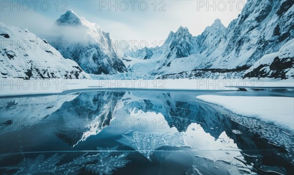 A frozen lake in the depths of winter, surrounded by snow-capped mountains AI generated