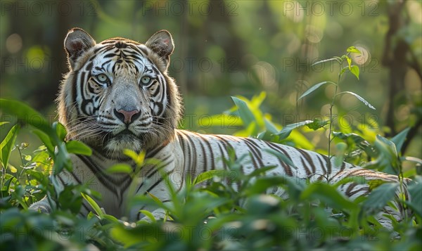 White tiger in green lush closeup portrait AI generated