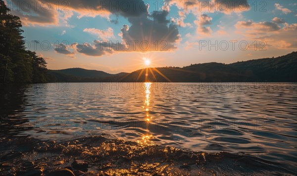 A summer sunset casting warm hues over the peaceful lake AI generated