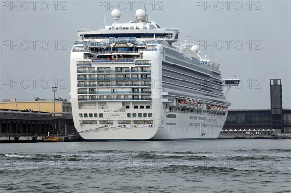 RUBY PRINCESS, A large cruise ship built in 2010, 290m, 3100 passengers, side view of a luxury cruise ship in the industrial harbour area, Venice, Veneto, Italy, Europe