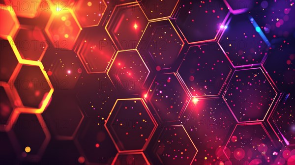 A digital abstract of glowing hexagons in rich red and purple shades, ai generated, AI generated