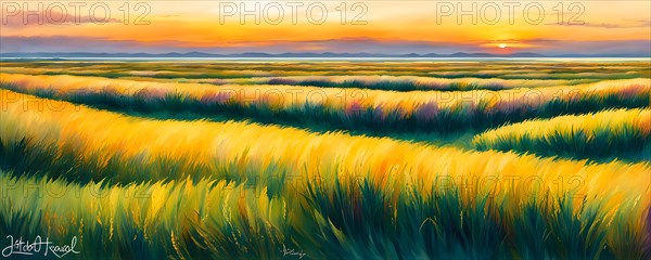 AI generated abstract painting of grasslands under a blazing sunset waves of greens