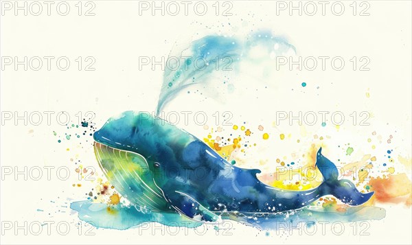 A watercolor illustration of a playful whale spraying water from its blowhole AI generated