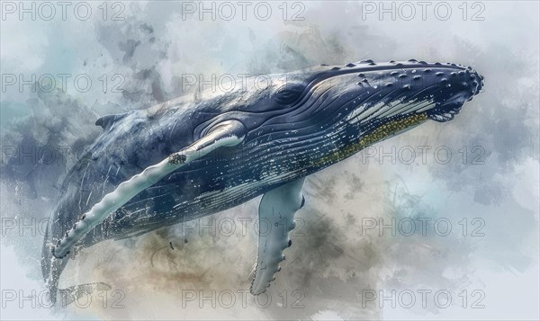 Watercolor illustration of a humpback whale in the ocean AI generated