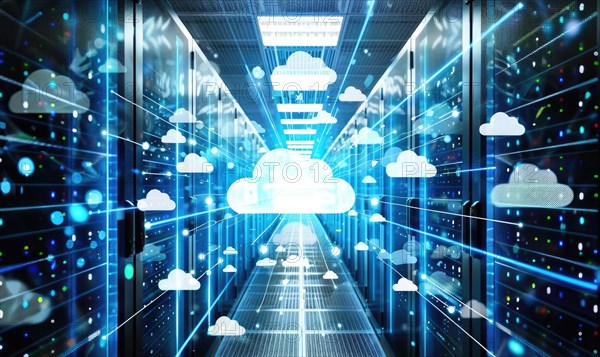 Cloud computing background with server racks and digital data streams AI generated