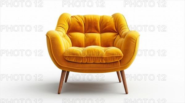 Vibrant yellow modern armchair with plush upholstery and wooden legs on a white background, ai generated, AI generated