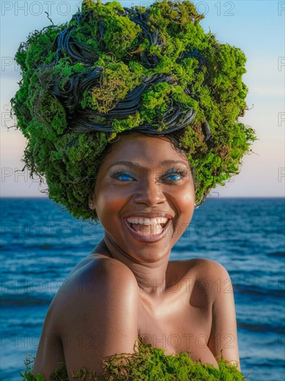 Woman with bright smile wearing a lush greenery headdress against an ocean background, moss growing and thriving, creating a mystical and enchanting effect, earth day concept, AI generated