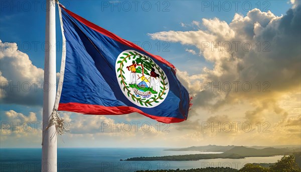 Flags, the national flag of Belize flutters in the wind