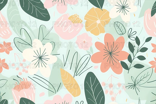 Cheerful nature-inspired pattern with pastel-colored flowers and leaves, suitable for fabric or wallpaper, illustration, AI generated