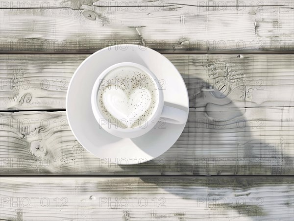 A top-view of a coffee cup with heart-shaped foam on a rustic wooden table, coffee shop, Rome, Italy, AI generated, Europe
