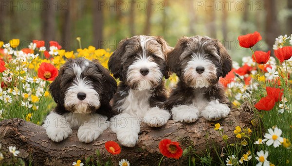 KI generated, animal, animals, mammal, mammals, one, single animal, bobtail, (Canis lupus familiaris), dog, dogs, bitch, dog breed from England, three young animals lying on a log in a meadow