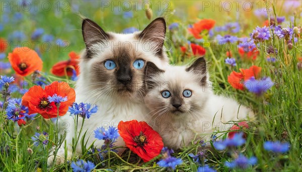 KI generated, animal, animals, mammal, mammals, cat, felidae (Felis catus), a cat and a kitten lying in a meadow with flowers