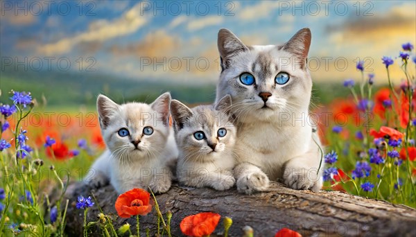 KI generated, animal, animals, mammal, mammals, cat, felidae (Felis catus), a cat and two kittens resting on a tree trunk, flower meadow, spring, summer