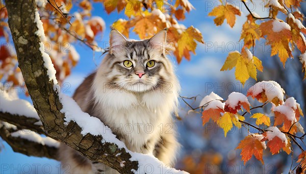 AI generated, animal, animals, mammal, mammals, cat, felidae (Felis catus), a grey and white American Forest Cat, sitting in a tree, autumn, autumn leaves, snow, onset of winter