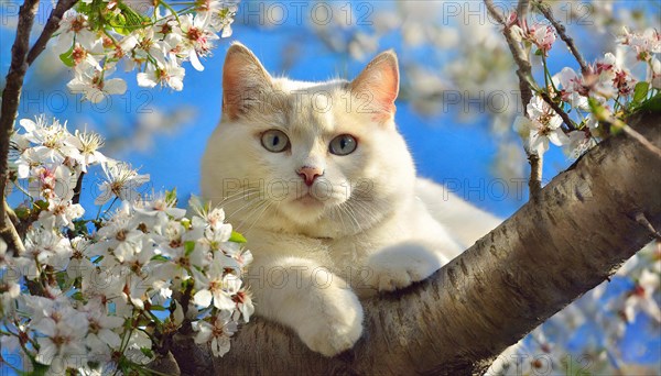 Ai generated, animal, animals, mammal, mammals, cat, cats, Maine-Coon-Cat, Main, Coon, Felis catus), a white American Forest Cat, lies in the tree