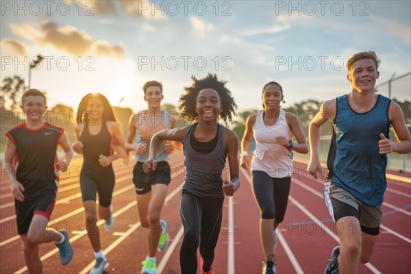 Pupils running on a synthetic running track, athletics, sports lessons, AI generated, AI generated, AI generated