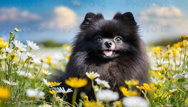 KI generated, animal, animals, mammal, mammals, one, single animal, dwarf spitz, Spitz, (Canis lupus familiaris), dog, dogs, bitch, Pomeranians, black puppy, flower meadow