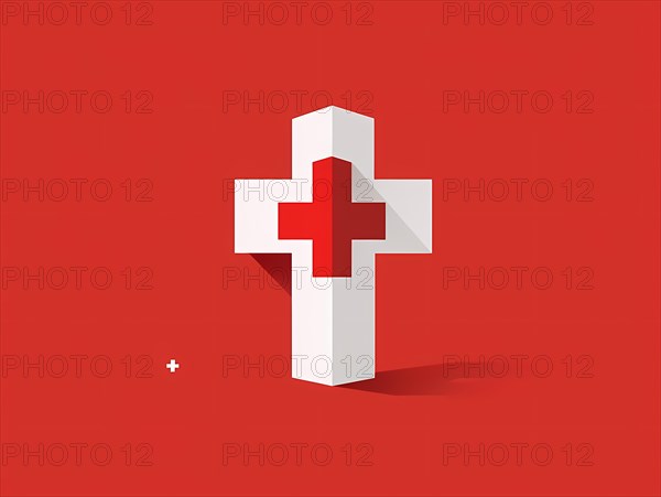 Bold medical aid cross icon centered on a red background, symbolizing healthcare, illustration, AI generated