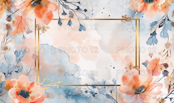 Thin golden frame on watercolor background, space for text AI generated