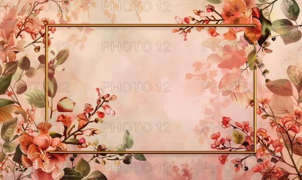 Thin golden frame on watercolor background, space for text AI generated