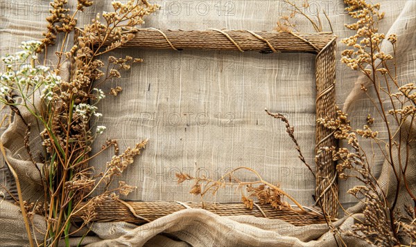 Delicate jute frame on minimalistic natural material, space for text, ecology nature background AI generated