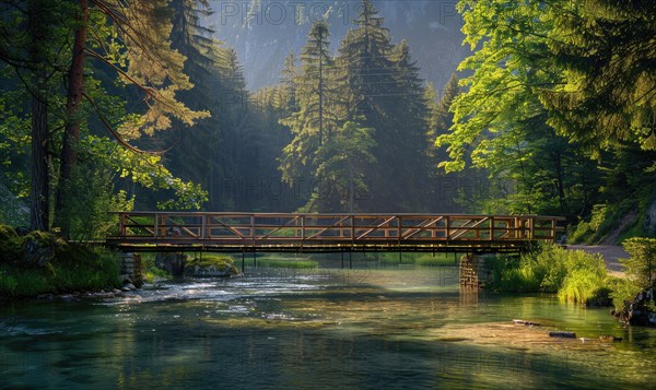 A rustic wooden bridge spanning over a crystal-clear spring river AI generated