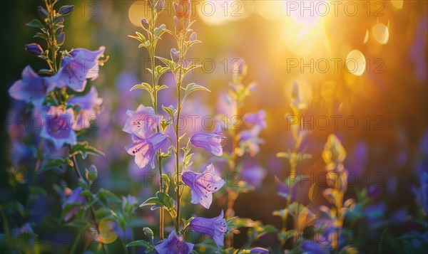 Bellflowers blooming in a cottage garden, closeup view, soft focus AI generated