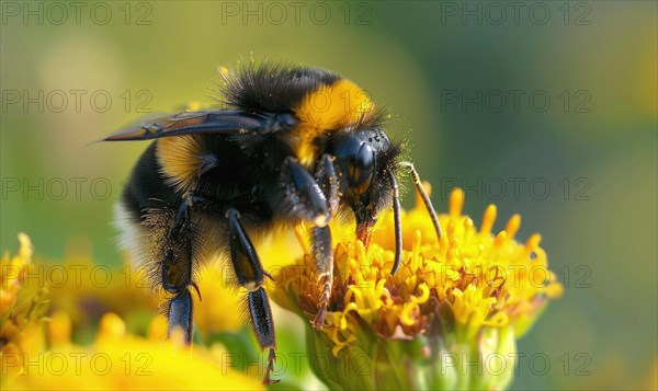 Bumblebee collecting pollen from flowers, closeup view, selective focus AI generated