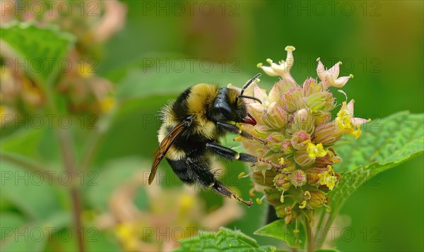 Bumblebee collecting pollen from flowers, closeup view, selective focus AI generated